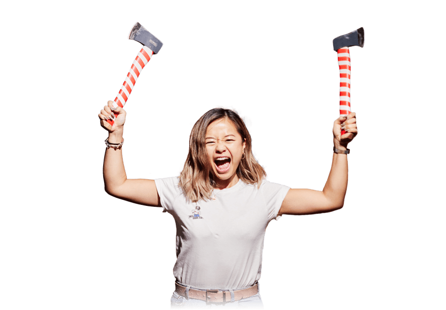 woman holding up 2 festive axes